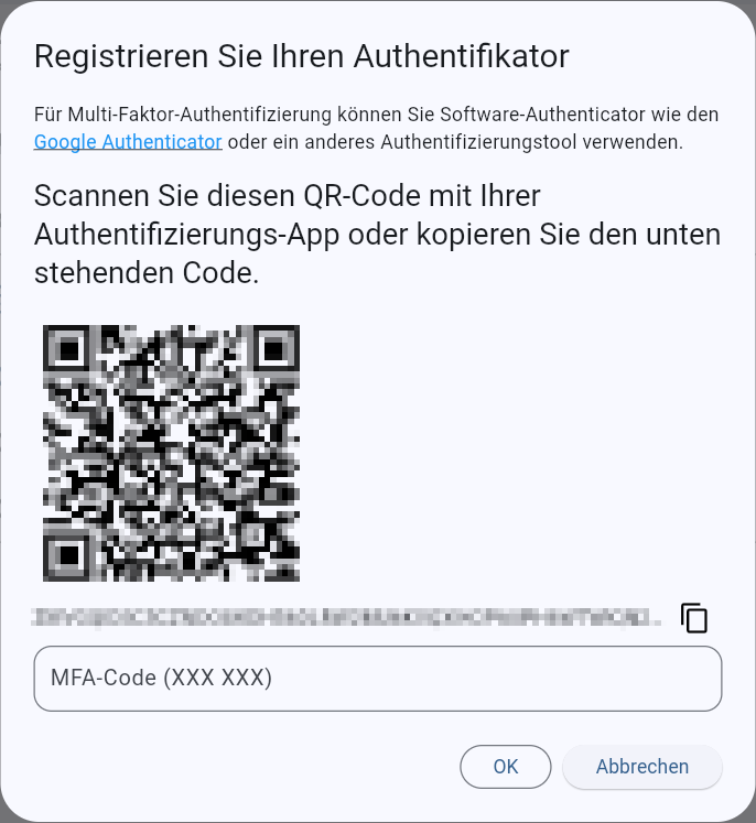 Ein Dialog mit einem QR-Code, um den Authentifikator zu registrieren