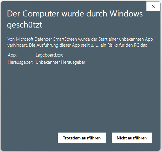 Dialog mit dem Titel 'Der Computer wurde durch Windows geschützt'. Ergänzt durch Angaben zur App und zum Herausgeber. Zwei Buttons, einer mit dem Titel 'Trotzdem ausführen' und einer mit dem Titel 'Nicht ausführen'.